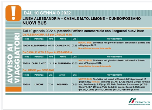LINEA LIMONE-CUNEO/FOSSANO - NUOVO BUS DELLE 7.30 DA LIMONE